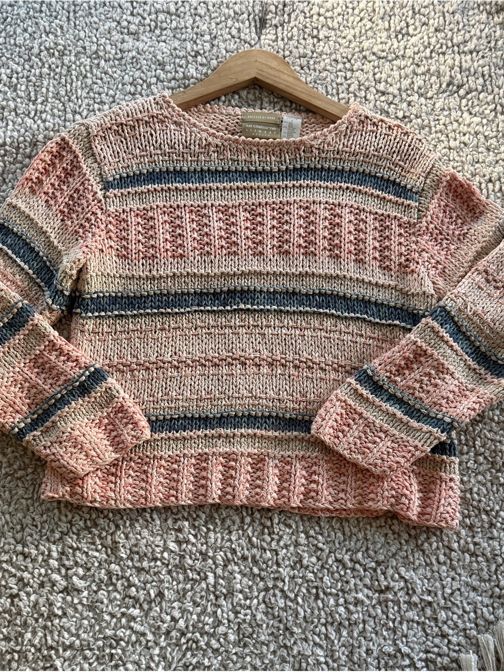Liz Claiborne Lizwear Petite S Striped Textured Knit Sweater Pink Blue Cotton